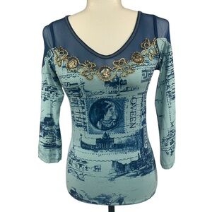 Save the Queen Vintage Graphic Top Sheer Panels Embellished 3/4 Sleeves Blues MS